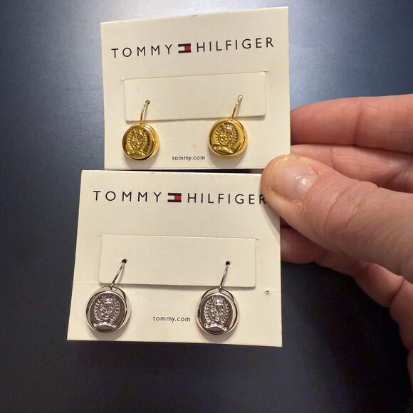 NWT Tommy Hilfiger Gold and Silver Tone Logo Drop Earrings - Picture 3 of 6